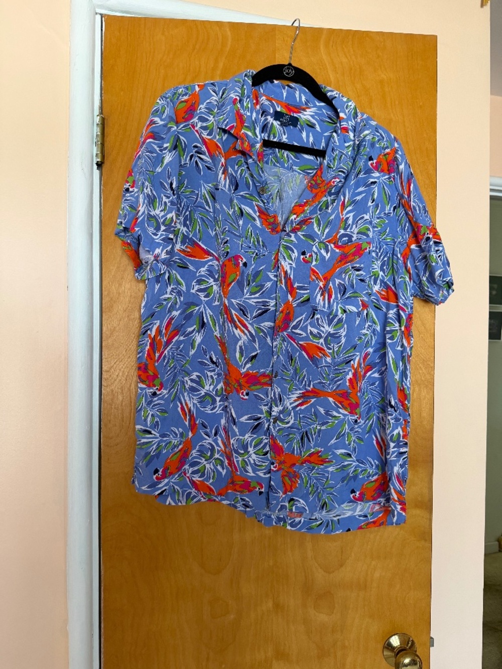 Mens Button Down Hawaiian Shirt, Blue with Red Birds, George, Size L (42-44)